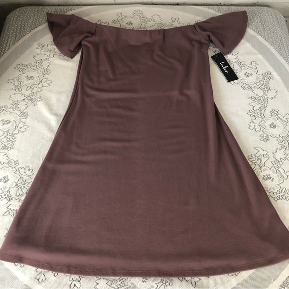 NWT - Lulu's Plum Colored Off the Shoulder Mini Dress w/ Flutter Sleeves. Size S - Picture 10 of 10